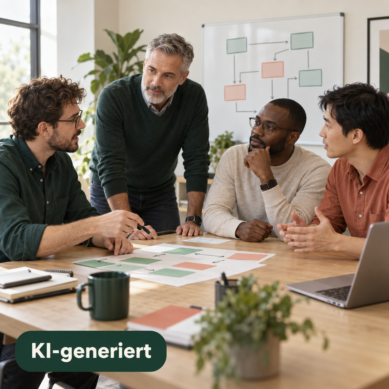 KI-generierte illustrative Workshop-Szene: eine Gruppe von Männern diskutiert am Tisch.