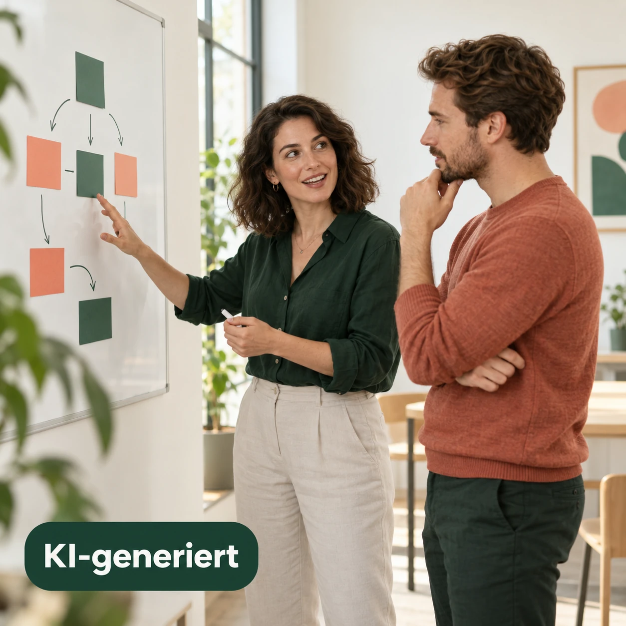 KI-generierte illustrative Workshop-Szene: zwei Personen besprechen Ideen an einer Wand.