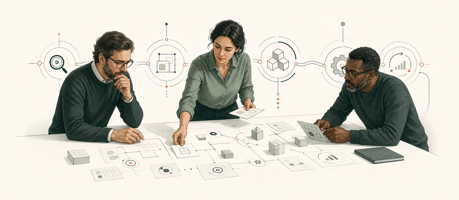 Architektinnen und Fachverantwortliche ordnen gemeinsam eine Salesforce-Systemlandschaft.