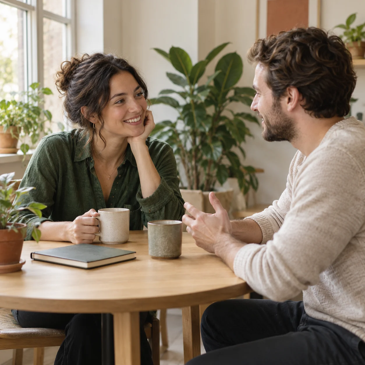 Two professionals get to know each other over coffee.