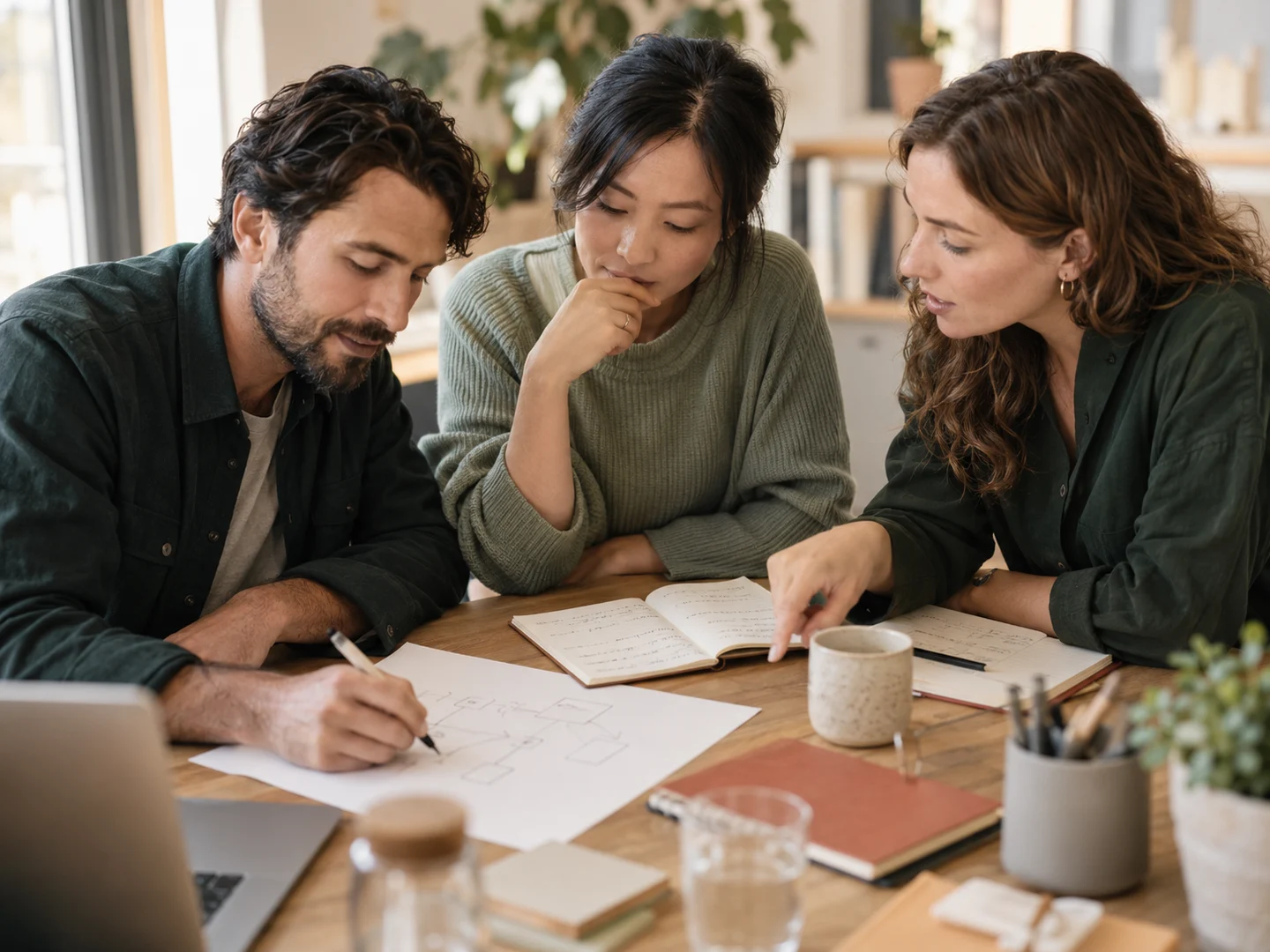 Three colleagues work through a problem with sketches and conversation.
