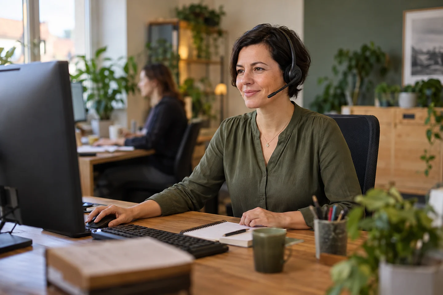 Eine Mitarbeiterin im Service arbeitet mit Kundeninformationen.